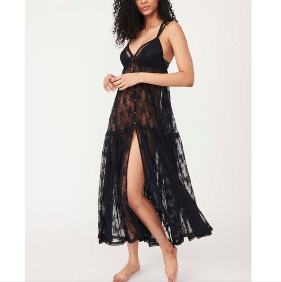 Free People In The Breeze Maxi Slip Floral Lace Button Front Tiered Black Sm NWT - Picture 14 of 14